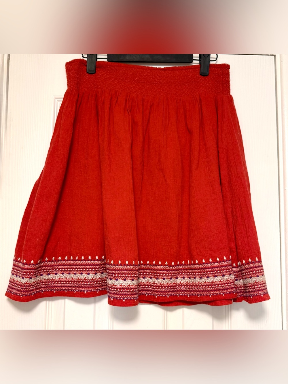 Old Navy Red Smocked Waist Circle Skirt with Embroidered Hem